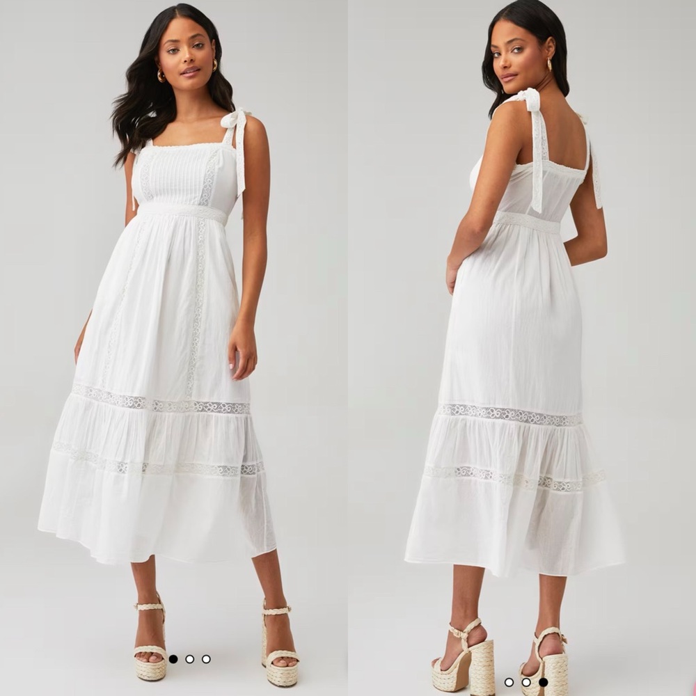 LoveShackFancy‎ Ayala White Lace Cotton Tie Straps Midi Dress 0